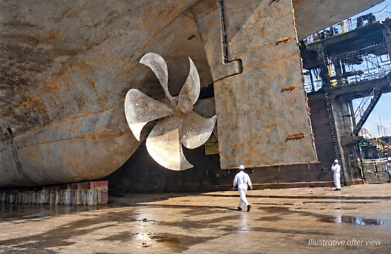 Illustrative view of the same stern after hydroblasting to WJ-2