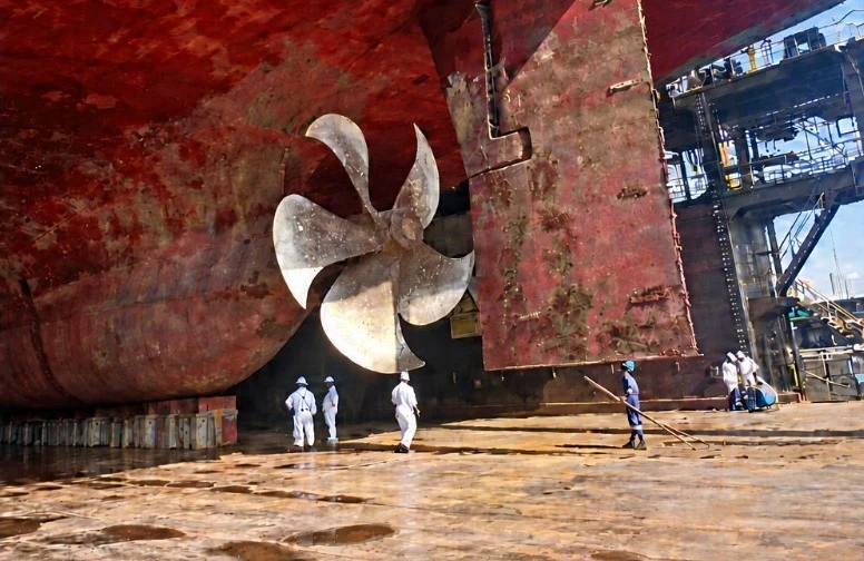 Vessel stern in dry dock before hydroblasting